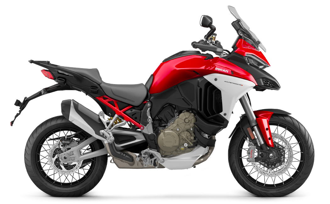 Ducati Multistrada V4S Red. Rojo Ducati con llantas negras brillantes con etiqueta roja. Gris aviador con llantas en negro brillante con etiqueta roja. Iceberg White con llantas en negro brillante con etiqueta roja.